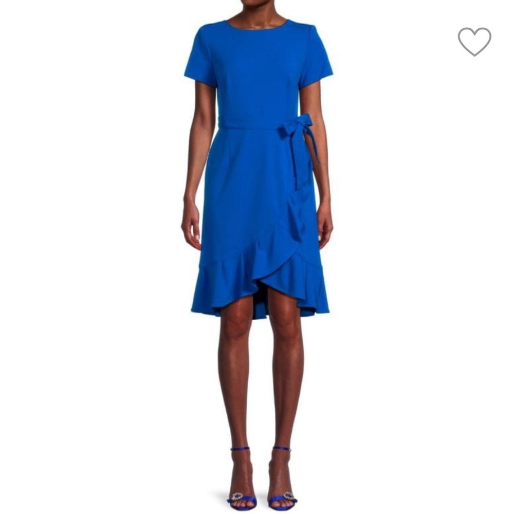 Calvin Klein Dress. Blue. Size: 14. Tie waist. Ruffle hem. Short Sleeve. NWOT.